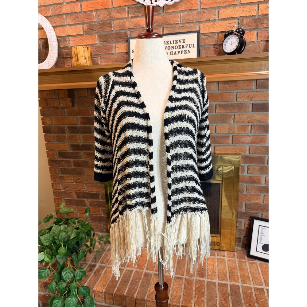 Akira Chicago Cardigan Women Black White Striped Fringe Open Front Medium